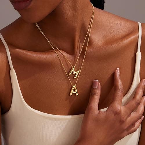 Inerney Gold Bubble Letter Necklace Initial Necklaces for Women, Chunky 14K Plated Balloon Initials, Trendy Charm Non Tarnish Custom Name Pendant Jewelry Gifts for Mom thumbnail 6
