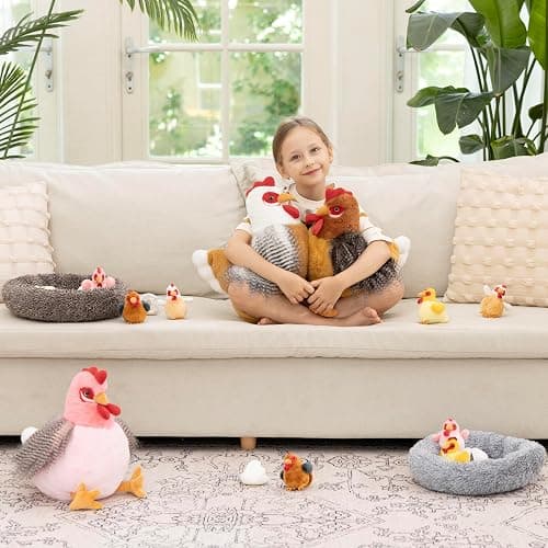 MaoGoLan 8Pcs Chicken Stuffed Animals, Stuffed Laying Hen Chicken Plush Toys with 3 Babies Chickens and 3 Eggs,1 Nest House Plush Set, Cute and Soft Farm Stuffed Animals Gift for Kids,Girls,Boys,Pink thumbnail 6