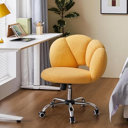 Yaheetech Boucle Upholstered Desk Chair Cloud-Shaped Vanity Chair Adjustable Home Office Computer with Rolling Wheels for Living Room, Bedroom Yellow thumbnail 2