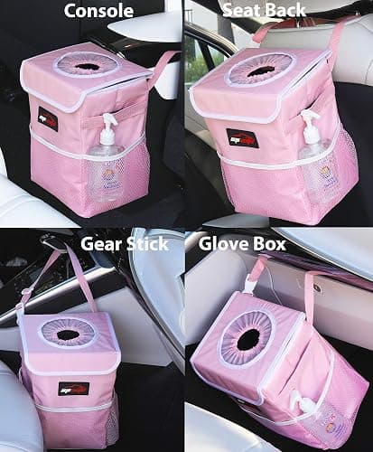 EPAuto Waterproof Car Trash Can with Lid and Storage Pockets, 2.5 Gallon Leakproof, Pink thumbnail 3