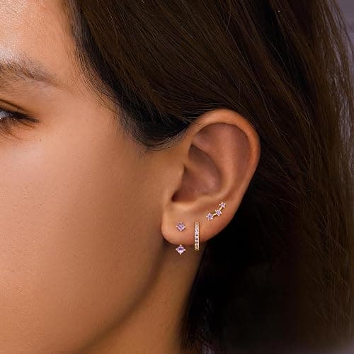 3 Pairs Trendy Small Earrings for Women, Gold Plated Hypoallergenic Stud Huggie Jacket Stack for Cartilage Helix, Dainty Cute Women Fashion Accessories Birthstone Western Jewelry Gifts thumbnail 4