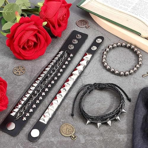 JOLYEAK Punk Leather Rivets Bracelets Punk Rock Leather Studded Bracelets 80s Wristband Emo Gothic Spike Cuff Bracelet Set for Men Women Rocker Outfits Skull Bracelet thumbnail 6