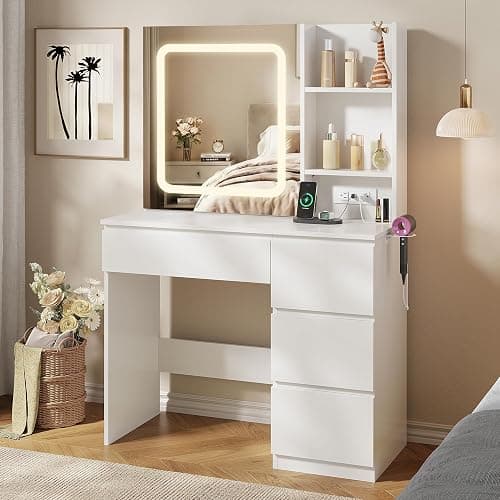 Vabches Make Up Vanity Desk with Charging Station, Vanity Set with Mirror and Stool and Lights,Dressing Table with 4 Drawers & Storage Shelves,37inch, White thumbnail 4