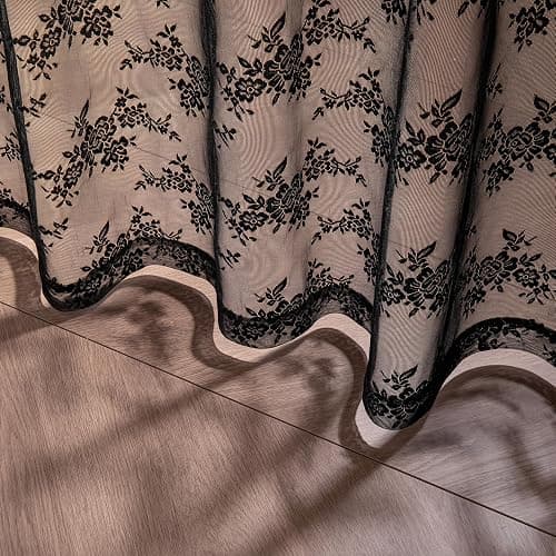 MYSKY HOME Vorhang aus Spitze Blumen Bestickte Spitzengardinen, Vorhänge mit Kräuselband Transparent Gardinen 2er Set, Modern Dekoschal für Wohnzimmer Schlafzimmer, Schwarz, H 245 x B 140 cm. thumbnail 4