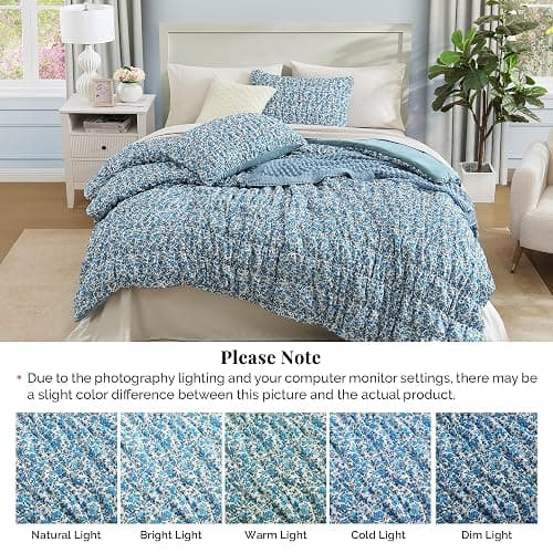 BLOOMHAVEN Queen Comforter Set - 7 Pieces Blue Classic Puff Floral Bedding Sets for All Seasons, Shabby Chic Farmhouse Bed in a Bag Queen with Wildflowers Fluffy Comforter, Sheets, Pillowcases & Shams thumbnail 5