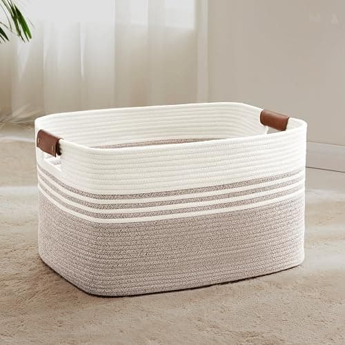 SunNewt 72L Large Laundry Basket with Leather Handles for Living Room Storage, Woven Rope Baskets Bin for Blanket, Gifts, Wicker Hamper for Bedroom Dirty Clothes, 22"x17"x12" White Brown - Image 1