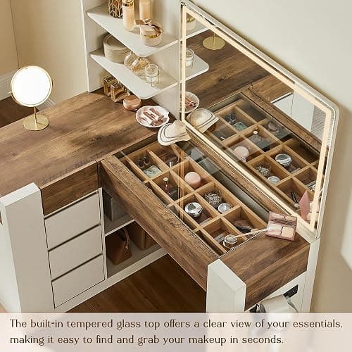 OKD 48" Makeup Vanity Desk with Mirror and Lights, Glass Top, Antique White | Modern L-Shaped Corner Vanity for Women,large mirror,LED Lights,4 Drawers,Open Storage Shelves,Charging Station,Dryer Holder thumbnail 5