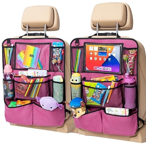 Helteko Backseat Car Organizer, Kick Mats Back Seat Protector with Touch Screen Tablet Holder, Back Seat Organizer for Kids with 9 Storage Pockets, Travel Accessories (2 Pack, Deep Pink)