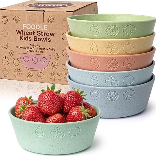 FOODLE Wheat Straw Kids Bowls - Microwave and Dishwasher Safe Toddler Bowls | 12 oz, Set of 6, BPA-Free & Non-Toxic, Unbreakable, Easy to Clean & Lightweight, Ideal for Baby Food, Snacks, Fruit & Cereal - Image 1
