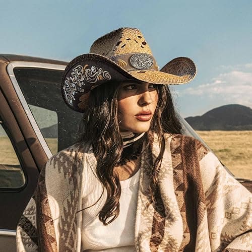 FLUFFY SENSE. Cowboy Hats for Women and Men Straw Western Hat Embroidered Cowboy Hat for Cowboys and Cowgirls thumbnail 7