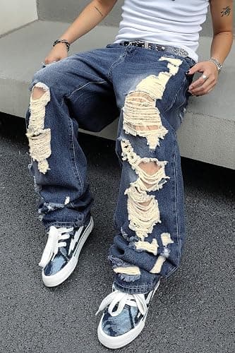 MZNBURAM Men's Non-Stretch Loose Fit Wide-Leg Baggy Jeans Pants thumbnail 2