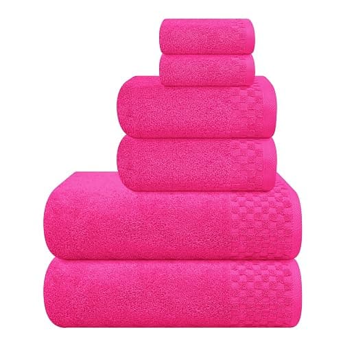 MyOwn Premium Cotton 6 Pack Towel Set for Bathroom, Contains 2 Bath Towels 28x55 inch, 2 Hand Towels 16x24 inch & 2 Wash Coths 12x12 inch, Ideal Everyday use, Compact & Lightweight - Hot Pink - Image 1