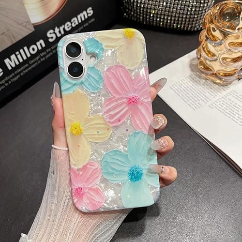 Jmltech for iPhone 16 Plus Case Girly Aesthetic Women Cute Floral Women Shockproof Flowers Oil Painting Flexible Silicone Phone Case for iPhone 16 Plus Mint Pink thumbnail 8