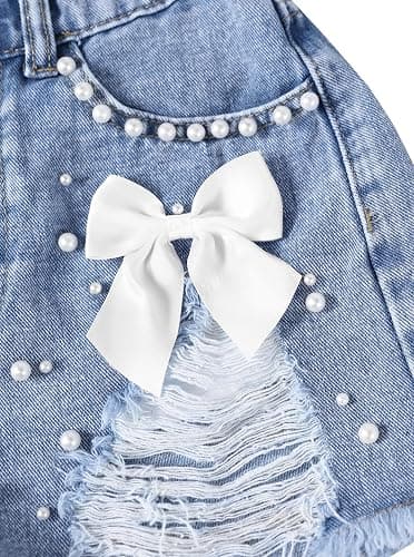 Ecolala Girls Jean Shorts Pearl Bownot Ripped Distressed Cute Straight Leg Denim Shorts thumbnail 3