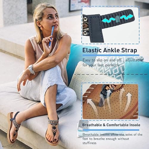 Aomigoct Sandals Women Flat Shoes: Dressy Summer Bohemian Flats Shoes for Women Sandals Comfortable Ankle Strap Outdoor Walking thumbnail 3
