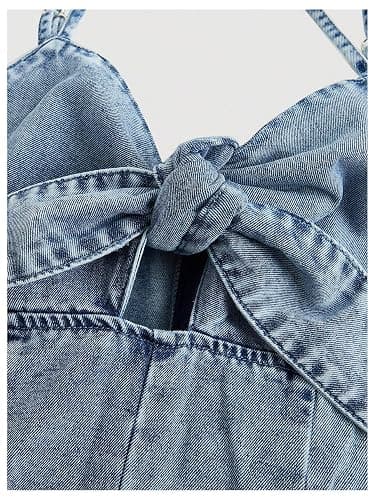 OYOANGLE Women's Vintage Bowknot Spaghetti Strap Denim Romper Sleeveless Wide Leg Jean Short Jumpsuits - X-Large - Light Wash thumbnail 3