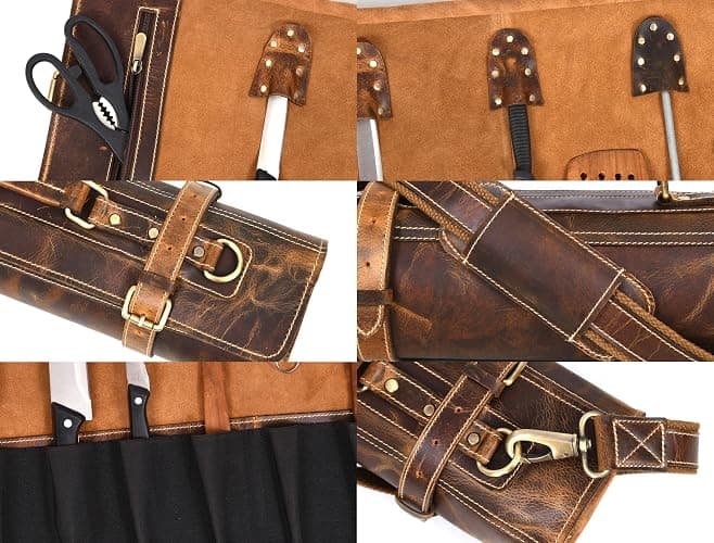Aaron Leather Goods Vendimia Estilo Leather Knife Roll Storage Bag, Elastic and Expandable 10 Pockets, Adjustable/Detachable Shoulder Strap, Travel-Friendly Chef Knife Case Roll (Caramel, Leather) thumbnail 8