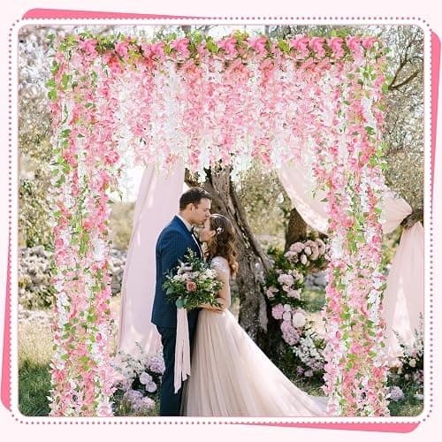Thiccywoov 4pcs Wisteria Artificial Flowers Garland, 7.2Ft/Piece Wisteria Hanging Flowers Garland for Wedding Arch Decoration Outdoor Ceremony Home Backdrop Garden (Pink,Dark Pink,White) thumbnail 6