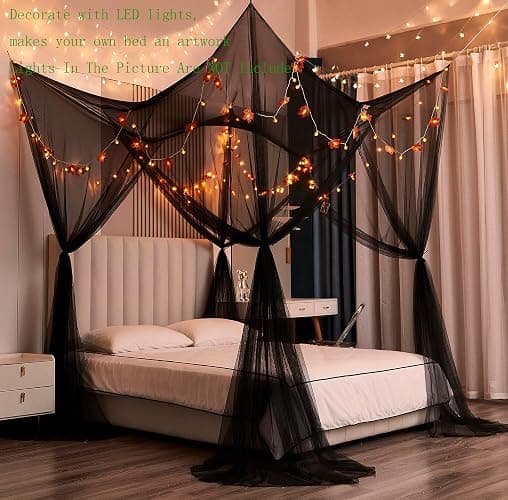 Mengersi Bed Canopy,Canopy Bed Curtains Bed Drapes for Full Queen King Size Bed,Mosquito Net Bed Curtains for Patio Indoor Outdoor Net,Black Bed Canopy Curtains for Gothic,Halloween Decoration thumbnail 5