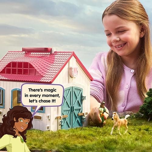 Schleich Horse Club - 60PC Little Horseshoe Open Stable Playset - Easy Carry Set with 2 Horse Figurines, Action Figure, Stable and Accessories - Toy Horses for Girls and Boys - Kids Ages 4+ | 42703 | Set includes hutch, 2 horses, movable girl figure & accessories | great gift for girls and boys | toys from 5 years thumbnail 2