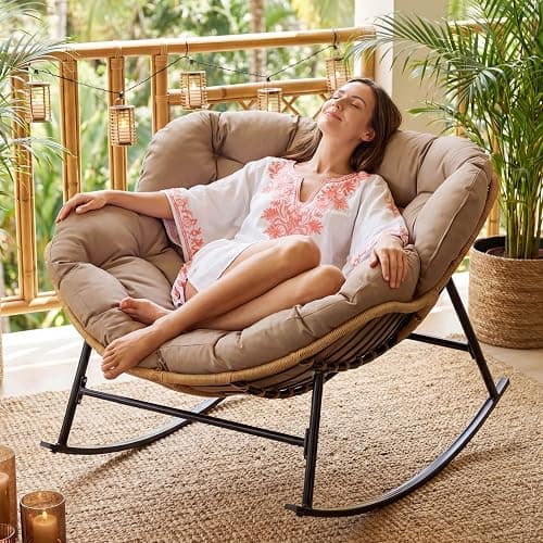 NICESOUL Oversized Papasan Rocking Chair with Cushion, All-Weather Wicker Egg Rocker Indoor Outdoor, 450 lbs Sturdy Comfy Recliner Glider Lounge Chair for Balcony Livingroom Bedroom Porch, Brown thumbnail 8