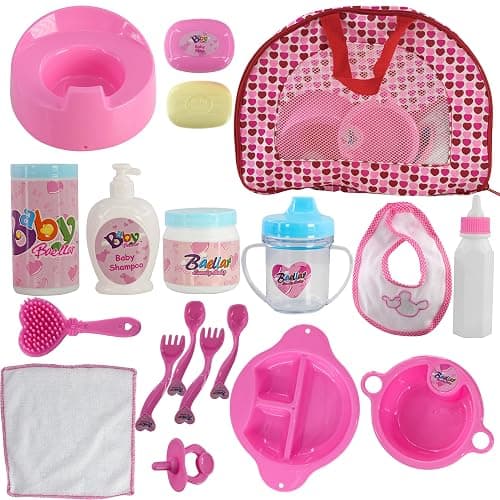 BiBi Doll Baby Doll Accessories Playset 18 Pcs with Carry Storage Bag - Includes Care & Feeding Set, Bottles, Dummy, Potty, Bib, Brush - Portable Nurturing Pretend Play Toy for Girls & Boys Aged 3+ thumbnail 9