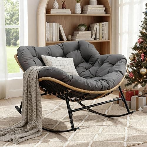 NICESOUL Rocking Papasan Chair Indoor Outdoor, Cushioned Patio Rattan Rocker, Oversized Large Egg Royal Rocking Chairs, 450lbs Sturdy Comfy Lounge Glider for Outside, Balcony, Porch, Xmas Gift, Grey - Image 1