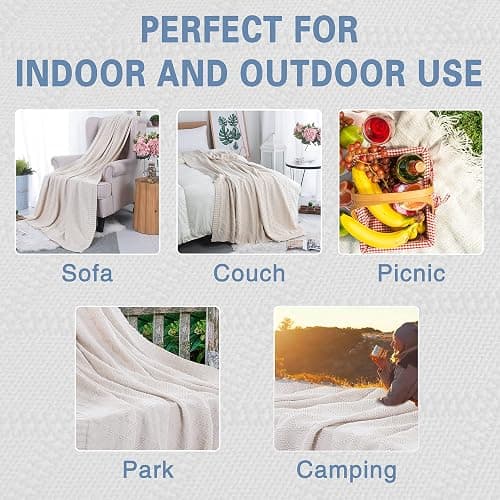 Knit Cotton Throw Blanket Cable Throw 50 x 70 Inch Soft All Season Breathable for Couch Chairs Bed Beach Home Decorative with Silk Bow Tie Package (Beige, Diamond Pattern) thumbnail 6