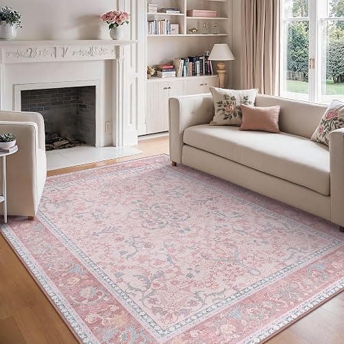 Pink Area Rug 6x9 Washable Rugs for Bedroom Girls Floral with Non Slip Backing, Low Pile Carpet for Living Room, Nursery Room, Dinning Room, Light Pink Blue - Image 1
