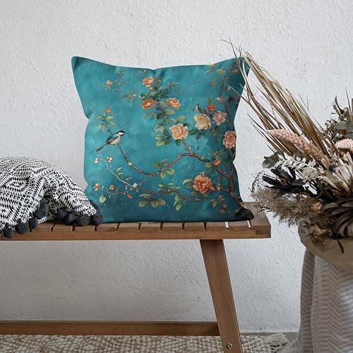 WDSFHYJK Teal Chinoiserie Floral Bird Pillow Covers 18x18, Cottagecore Room Decor, Rustic Farmhouse Flower Bird Decorative Throw Pillow Covers Pillowcases for Living Room Home Bedroom thumbnail 5