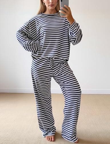 Ythomm Striped Pajamas Womens 2 Piece Sets Long Sleeve Tee Shirts Drawstring Wide Leg Pants Matching Sets Fall Lounge Outfits thumbnail 2