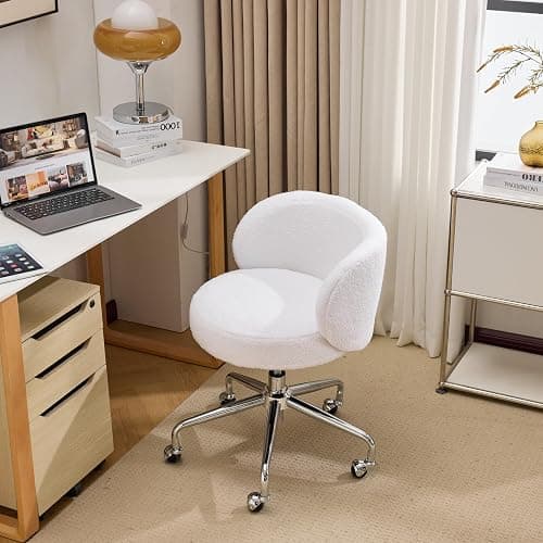 VINGLI Cute Small Swivel Desk Chair Comfy with Wheels,Ergonomic Low-Back Lumbar Support Vanity Nail Tech Rolling Task Stool Girls Women Kids Chair for Home Office,Height Adjustable,Teddy Fleece,White - Image 1