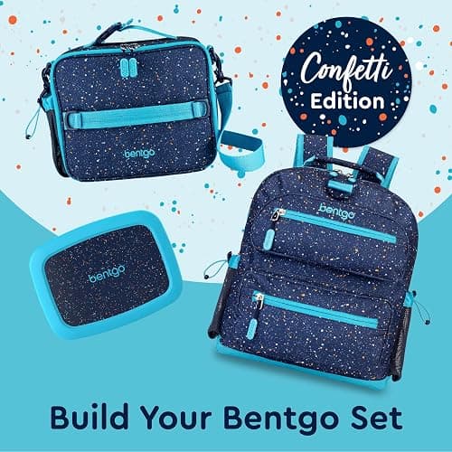 Bentgo Kids Lunch Bag - Double-Insulated, Reusable Lunch Bag for Kids 3+ with Adjustable Strap; Holds Lunch Box/Water Bottle/Snacks; Easy-Clean, Water-Resistant & Pockets (Confetti - Abyss Blue) thumbnail 6