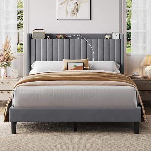 Yaheetech Queen Bed Frame with USB Charging Station and Storage Shelf/Upholstered Headboard Platform Bed with Wing Side/Wooden Slats Support/Noise Free/No Box Spring Needed/Easy Assembly, Light Grey - Image 1
