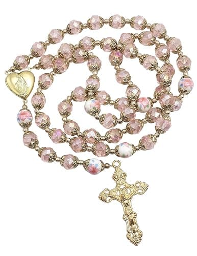 Nazareth Store Katholische Rosa Kristall Perlen Gold Rosenkranz Blumen Perlen Halskette Holy Mary Herz Medaillon Medaille & Kreuz Religiöses Amulett für Frauen - Image 1