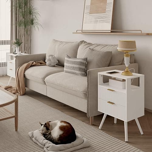 JOONEE White Nightstand with Charging Station and LED Lights,Modern Bedside Table with 2 Storage Drawer and Open Wood Shelf, for Bedroom and Small Spaces,Night Stand with Solid Wood Legs,White thumbnail 3