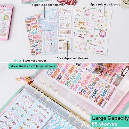 A5 Sticker Collection Organizer Binder kit large capacity (65 sheet), PU leather clear sticker storage book album with zipper closure,double-sided Collecting for journal scrapbook planner (Green) thumbnail 7