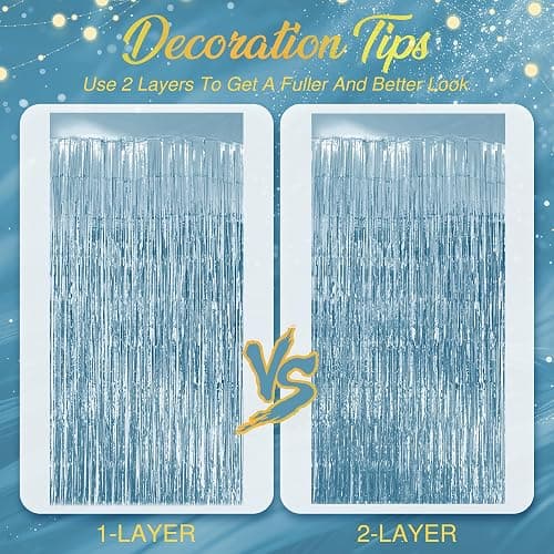 2 Pack Light Blue Fringe Backdrop, 3.2x8.2ft Shining Foil Tinsel Curtains, Birthday Party Decorations Door Streamers for Halloween, Christmas, Wedding, Graduation, Holiday, Theme Events thumbnail 7