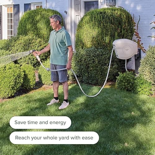 HOSELINK Beige 50ft Hi-Flow Automatic Retractable Garden Hose Reel, 9/16”, 8-Pattern Spray Nozzle, UV-Stabilized Kink-Free Hose, Wall Mounted Complete Watering Solution for Backyard, Garden & Outdoor thumbnail 5