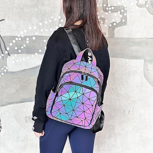 CAFINY Geometric Women's Backpack Geometries Glow Large Purse Backpack Geometrical Luminous Bag Holographic Travel Bags Retro Daypack for Casual, College, Work thumbnail 2