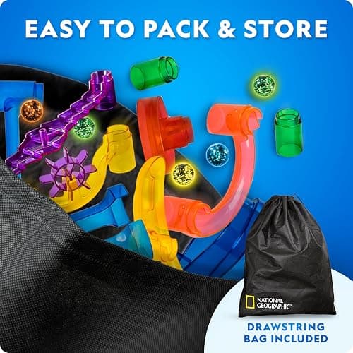 NATIONAL GEOGRAPHIC Glowing Marble Run – Construction Set with 15 Glow in The Dark Glass Marbles & Storage Bag, STEM Gifts for Boys and Girls, Building Project Toy (Amazon Exclusive) thumbnail 2