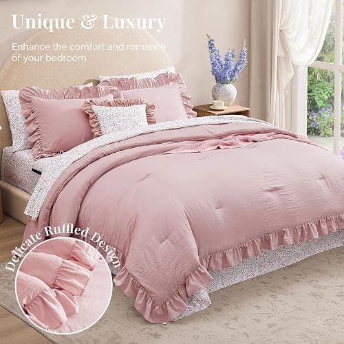 BLOOMHAVEN Twin XL Comforter Set - 5 Pieces Ruffle Soft Pink Bedding Sets, Shabby Chic Farmhouse Bed in a Bag Twin XL with Ruffle Comforter, Floral Sheets, Pillowcases & Shams thumbnail 2