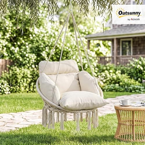 Outsunny Hammock Swing Chair w/Large Cushion Cotton Rope Chain Cream White | Outdoor Hanging Chair, Weaving Macrame Swing, 265 LBS Capacity, for Indoor Outdoor Bedroom Patio Balcony thumbnail 2