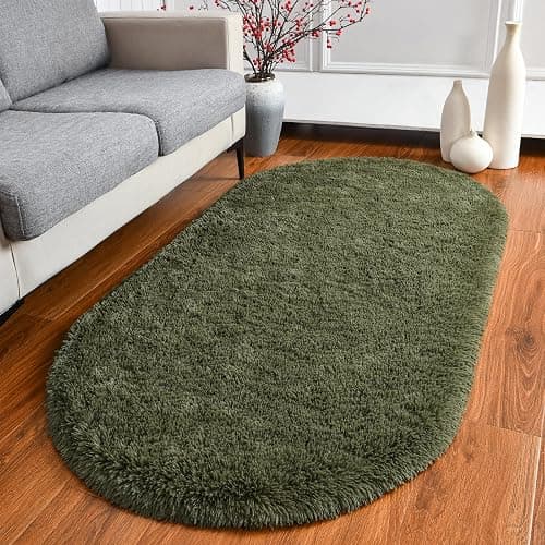 Softlife Fluffy Rugs for Bedroom, Shag Cute Area Rug for Girls/Boys and Kids Baby Room Home Decor, 2.6 x 5.3 Feet Oval Indoor Carpet for Nursery Dorm Living Room, Olive Green thumbnail 2
