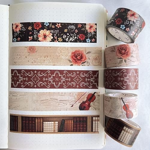 WT Academia Washi Tape Set, 5 Rolls, Original Designs, Vintage Floral Decorative Masking Tape, DIY Crafts, Bullet Journals, Planners, Scrapbooking, Journals Gifts, Adhesive Wrapping Tape, Paper Tape thumbnail 3