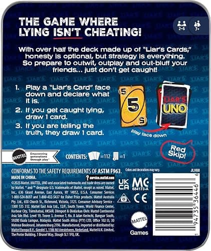 Mattel Games Liar’s UNO Card Game in Travel & Storage Tin for Adults, Kids, Families, Parties & Game Nights, Outwit Other Players with Bluffing & Trickery (Amazon Exclusive) thumbnail 6