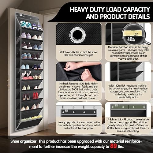 Kotkn 10 Tier Over The Door Organizer - Heavy Duty Hanging Storage Rack with Sturdy Oxford Fabric, Holds 20+ Pairs of Footwear, Boots & Sneakers, Saves 50% Closet Space (Black) thumbnail 3