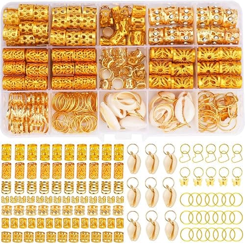 202 Pcs Jewelry for Women Braids, Locs Dreadlocks Beads Braid Rings/Cuffs Shells Heart Butterfly Hair Pendants/Clips for Dreadlock Accessories (Gold) - Image 1