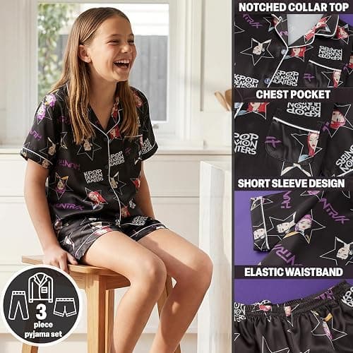 Get Trend KPop Demon Hunters Girls Pajamas Officially Licensed 3-Piece Huntrix PJs Set with Pants & Shorts, Satin Nightwear thumbnail 4