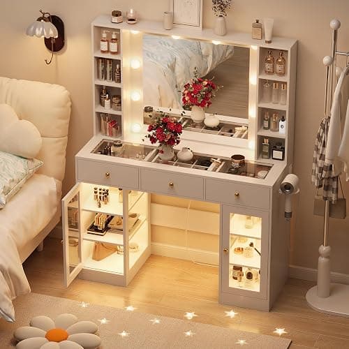 HUANLEGO White Vanity Desk with Mirror and Lights, Glass Top Vanity with Lighted Mirror & RGB Glass Cabinet and 3 Drawers, Makeup Vanity Desk with Lights Dressing Table for Bedroom, 3 Color Modes thumbnail 3